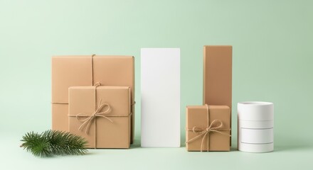 Arrangement of wrapped gifts with twine and green sprig on light background
