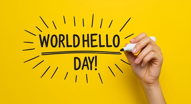 Hand writing world hello day on a yellow background with marker