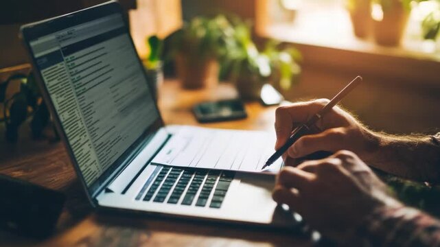 Laptop and pen: A person's hands diligently writing on paper beside a laptop, illuminated by soft sunlight. A captivating moment of productivity and focus.