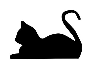 Black silhouette of a reclining cat in side profile with a curved, raised tail on a clean white background — minimalist clipart for design, decor, or seasonal use.