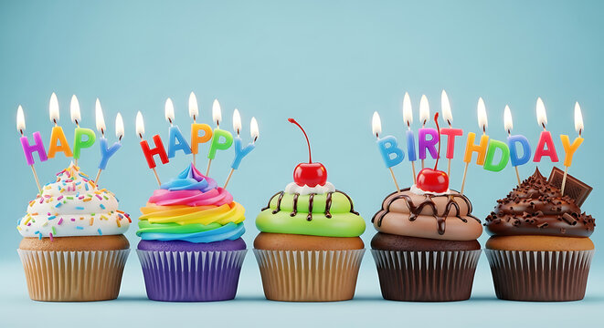 A row of cupcakes with happy birthday candles on a blue background