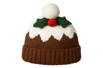 Knitted christmas pudding beanie with holly and pom-pom creating a festive winter holiday accessory