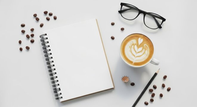 A flat lay of a notebook coffee beans and glasses on a white surface - Powered by Adobe