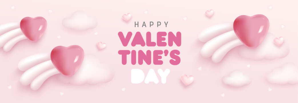 Vector illustration of Valentine's day sweet and lovely design elements. Swan, hot air balloon, heart shape balloons and clouds.

