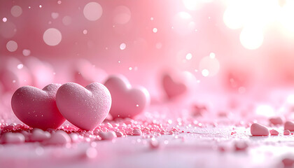 pink rose hearts and petals on pink background, happy valentines day