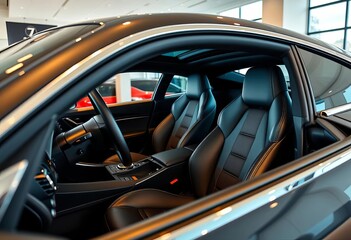 Sleek luxury car showroom interior, polished chrome, leather seats,  vehicle,  sophisticated