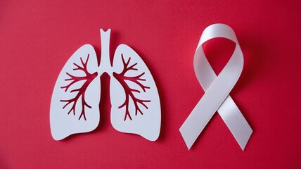 White Paper Cutout of Human Lungs and White Ribbon for Lung Cancer Awareness on a Vibrant Red Background
