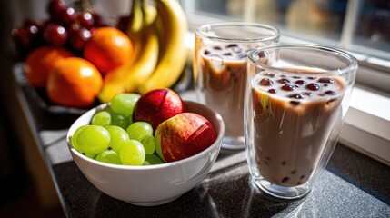 Fresh fruit arrangement with refreshing drinks by a window on a sunny day