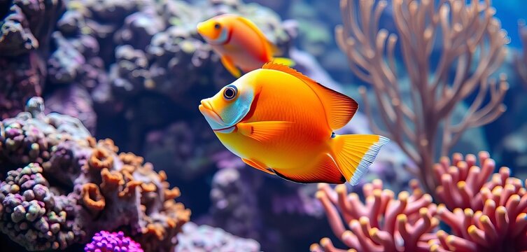 Vibrant tropical fish swimming in coral reef aquarium, clownfish, bright