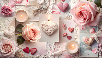 happy valentines day retro collage with hearts and petals