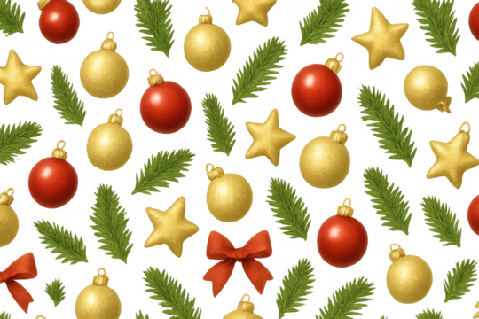 Festive holiday pattern featuring festive elements like baubles, stars, bows, and fir needles for seasonal designs