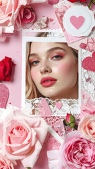 happy valentines day retro collage with hearts and petals