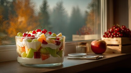 Fresh fruit salad in a glass bowl with apple and berries on windowsill