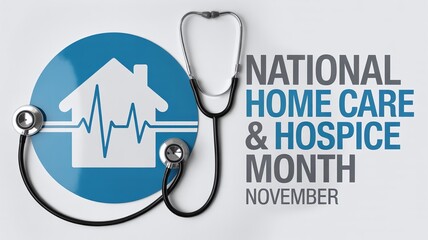 National Home Care and Hospice Month Banner with Stethoscope and House Icon Representing Patient Care and Health Services in November