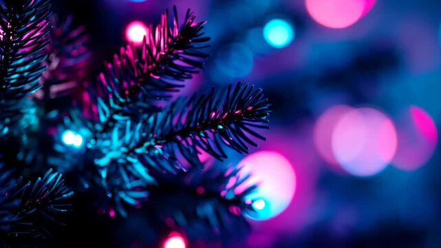 Closeup of a Christmas fir branch with glowing blue and pink neon lights creating a festive bokeh