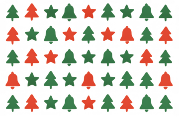 Christmas holiday symbols creating a festive seamless pattern for seasonal designs, featuring flat trees, stars, and bells