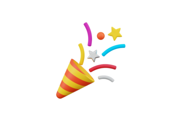 A 3D rendered graphic of a party popper exploding with confetti and streamers, centered against a transparent background.