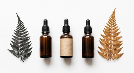 Three amber bottles with droppers and dried fern leaves on white surface