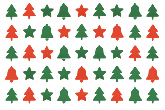 Christmas holiday symbols creating a festive seamless pattern for seasonal designs, featuring flat trees, stars, and bells - Powered by Adobe