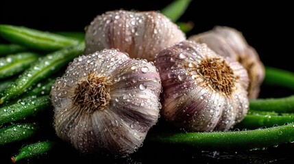 Fresh garlic bulbs with green beans on a black surface overhead shot