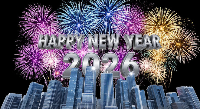 Happy new year 2026 with fireworks and city skyline on black background