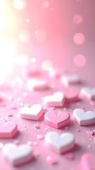 pink rose hearts and petals on pink background, happy valentines day