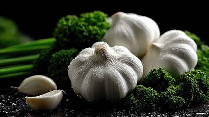 Fresh garlic heads with green broccoli on a dark background