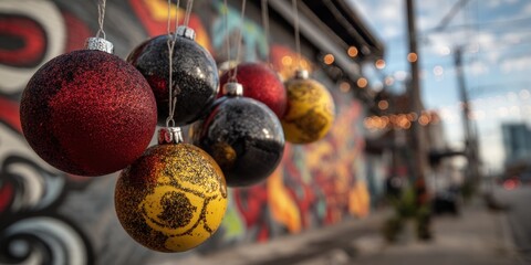 Festive Christmas Ornaments Hanging Against Colorful Graffiti Wall.