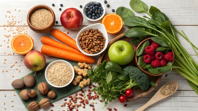 Vibrant fruits, veggies and nuts for healthy eating and lifestyle choices, ideal for wellness blogs, nutrition guides and promoting balanced diets naturally