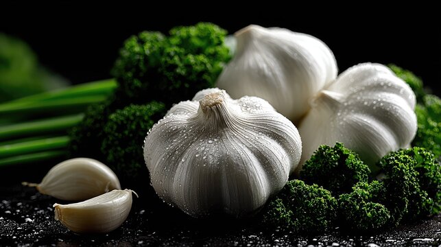 Fresh garlic heads with green broccoli on a dark background