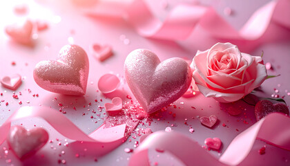 pink rose hearts and petals on pink background, happy valentines day