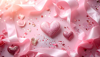 pink rose hearts and petals on pink background, happy valentines day