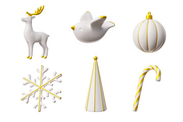 Fototapeta na wymiar 3D Christmas golden and white decorations, glass ball and fir tree cone, candy cane, deer, snowflake, bird vector set
