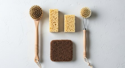 Arrangement of cleaning sponges and brushes on a white surface top