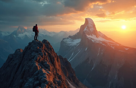 Male hiker stands on rugged mountain summit at stunning sunset. Overlooks vast landscape with snow-capped peaks. Person completed challenging climb, feels great freedom, embraces wild nature,