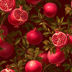 Seamless pattern with ripe pomegranate fruit and green leaves on a tree in an oil paint style for textile design and food packaging.