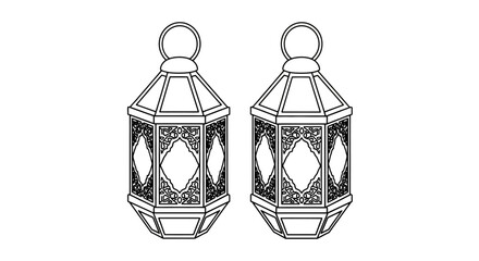 Detailed black and white drawing of two ornate hanging lanterns