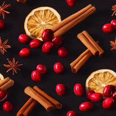 Oil paint of festive spice and fruit pattern with cinnamon stick, cranberry, orange slice, anise for holiday and food decoration.