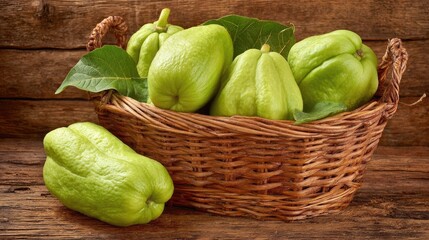 Fresh green chayote squash displayed in woven basket on wooden surface
