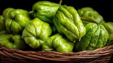 Fresh green chayote squash in woven basket close up view on black background