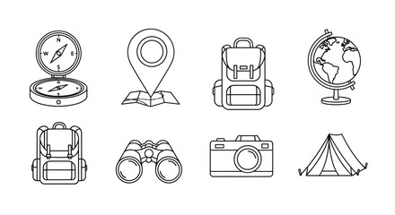 Travel and exploration themed line icons depicting adventure gear and world maps