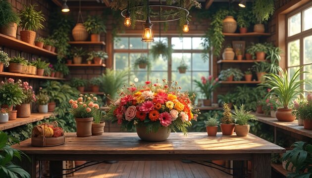 Warm cozy flower shop interior with abundant green plants and colorful floral arrangements. Wooden tables display pots with blooming flowers and gardening tools. Natural light streams through windows.