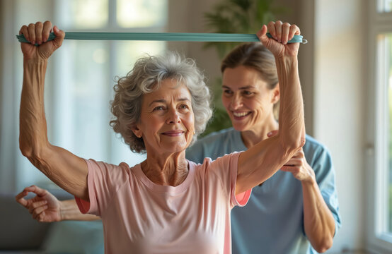 Elderly woman exercises with elastic band at home. Senior patient physical therapy with personal trainer. Woman helps old lady with resistance band. Elderly people fitness at home with coach. Happy