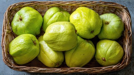 Fresh green guavas in woven basket overhead view healthy fruit concept
