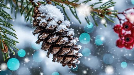 Pine cone covered in snow winter holiday season festive background for Christmas and New Years designs - Powered by Adobe