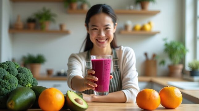 Smiling asian woman holding a glass of fresh beet smoothie in a bright kitchen surrounded by avocado, broccoli, and citrus fruits, promoting healthy living and nutrition - Powered by Adobe