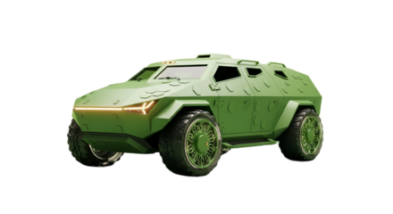Futuristic green armored vehicle with geometric design and glowing headlights on a black background.