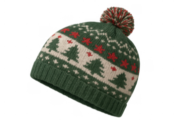 Green knit beanie with christmas tree and star patterns, warm winter pom-pom hat for holiday seasons, transparent background