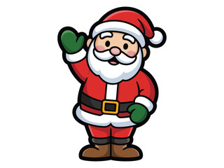 A cheerful cartoon Santa Claus character waves hello with a friendly expression, dressed in traditional red and white attire, isolated on a white background.