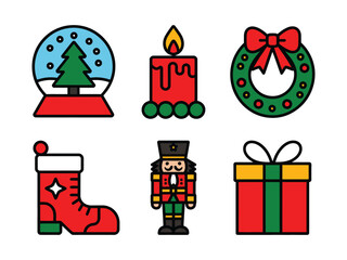 A collection of Christmas-themed icons including a snow globe, candle, wreath, stocking, nutcracker, and gift box.